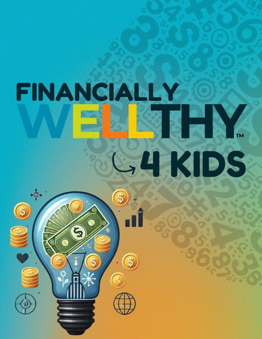 Illustration of financial literacy for kids with money and charts in a lightbulb.