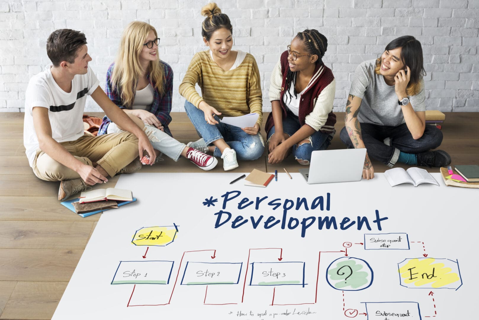 A diverse group discussing personal development strategies.