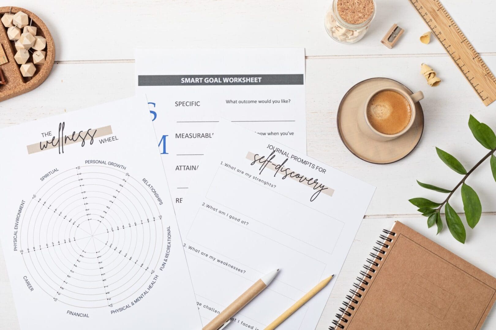 Workspace with coffee, planner, and handwritten notes on productivity and goals.