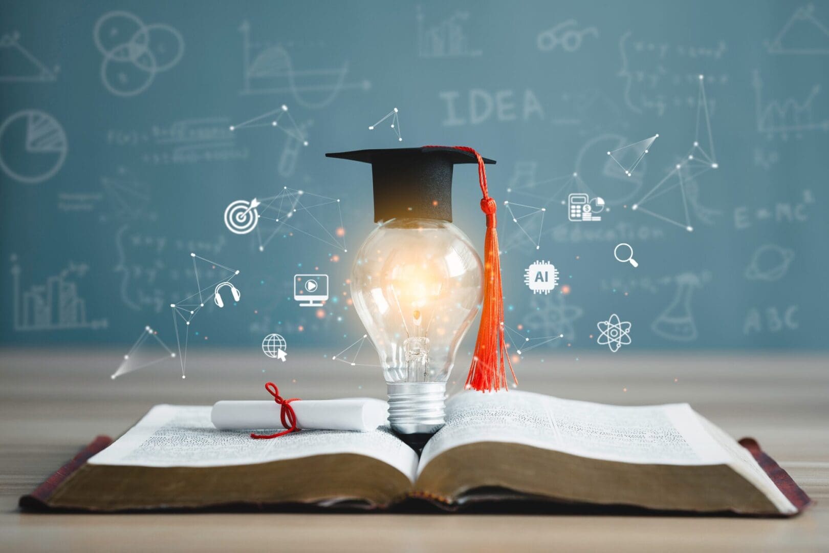 A glowing light bulb with a graduation cap on an open book.