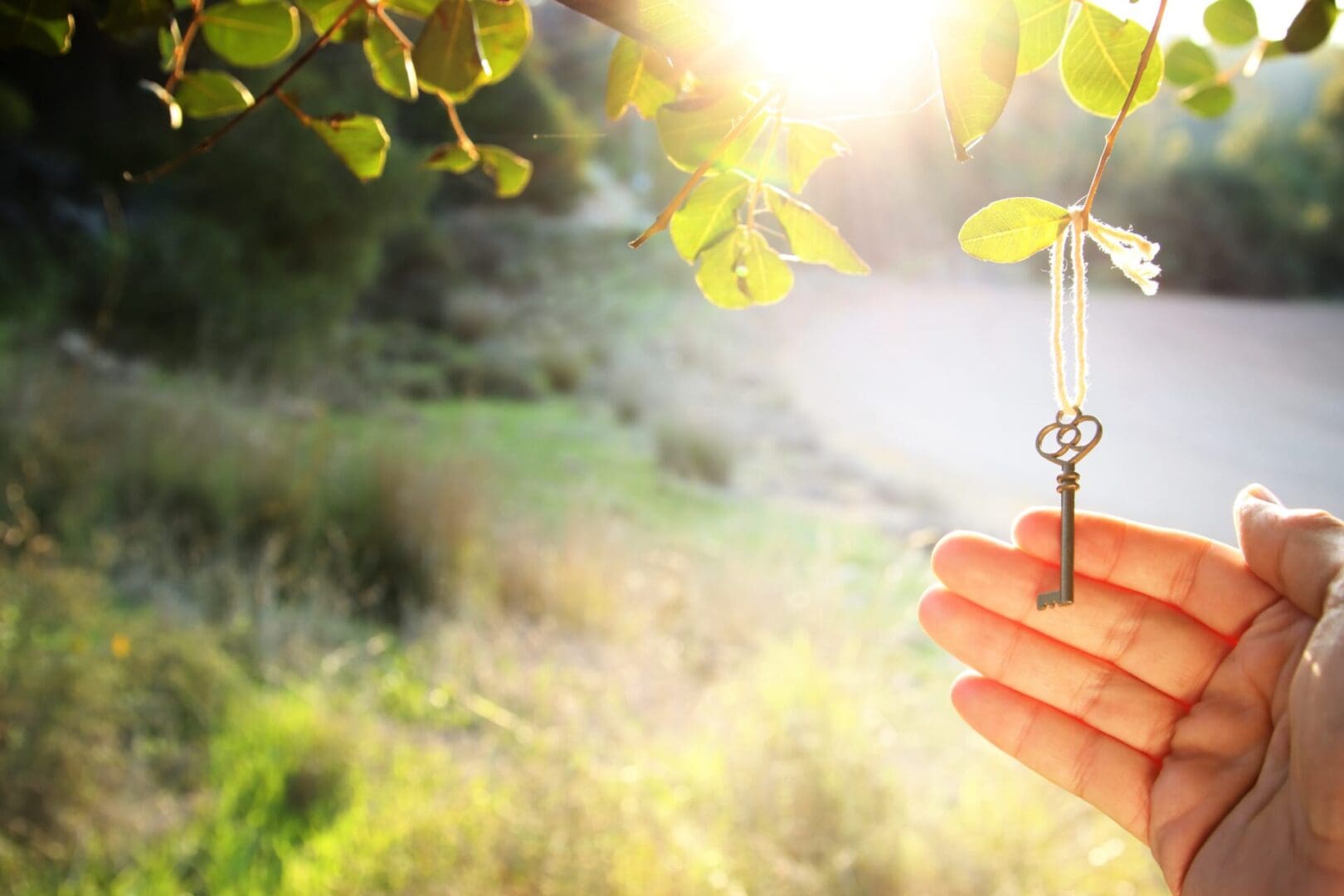 Hand holding an old-fashioned key in sunlight over a natural background.
