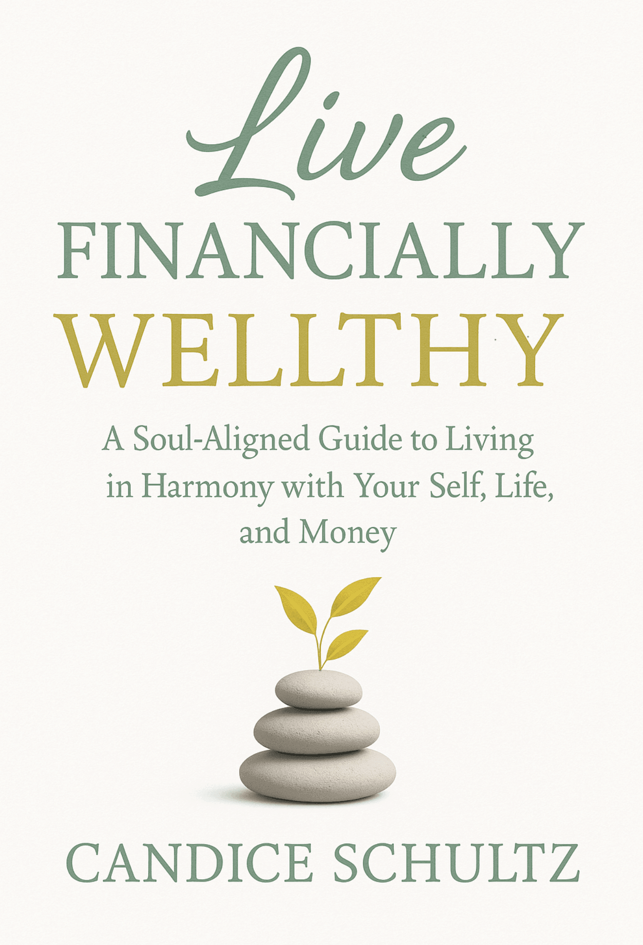 Book cover titled 'Live Financially Wellthy' by Candice Schultz with a calming stone and plant illustration.
