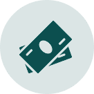 Icon of two overlapping dollar bills on a circular background.