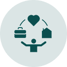 Icon showing balance between work, love, and home life.