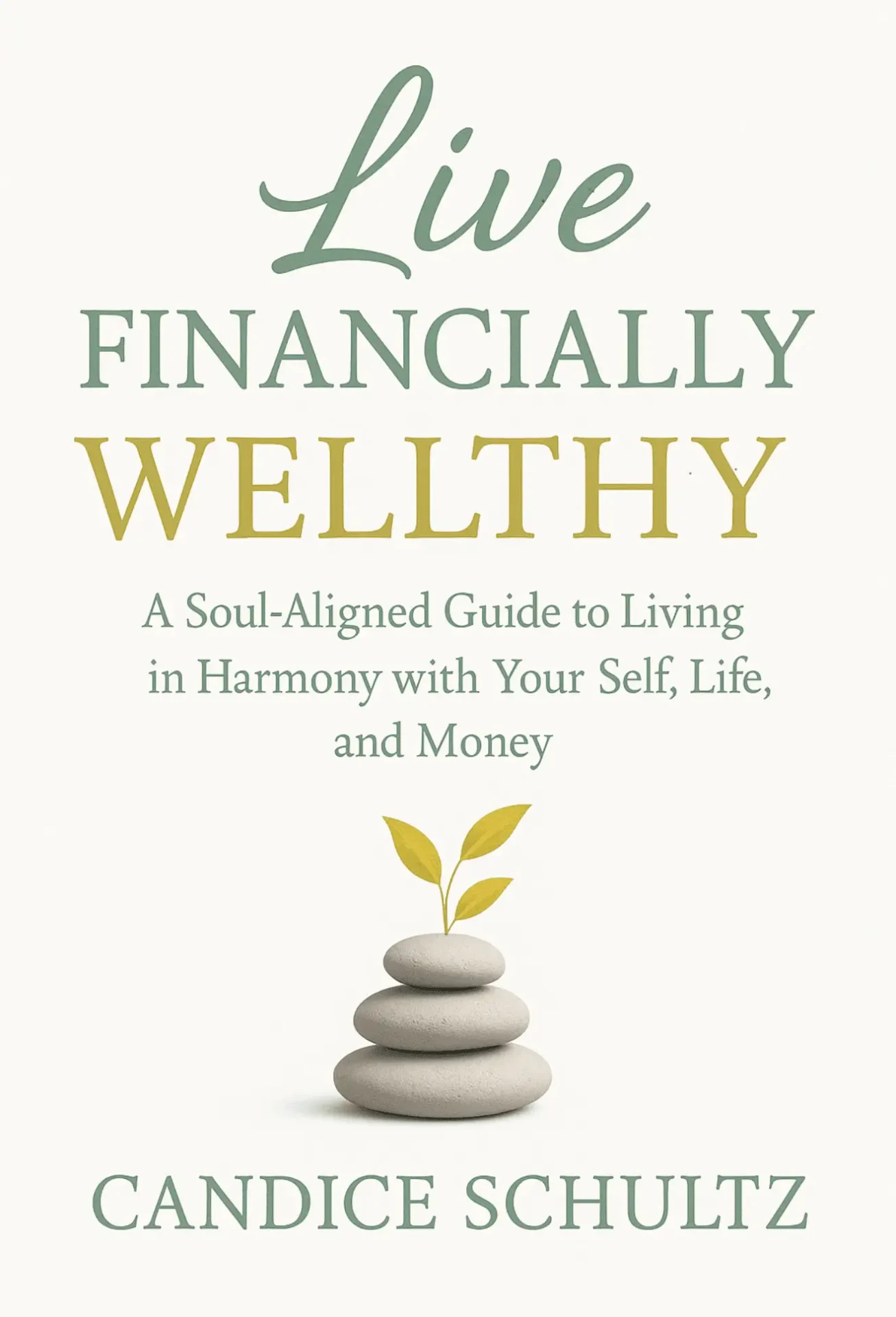 Book cover titled 'Live Financially Wellthy' by Candice Schultz with a calming stone and plant illustration.